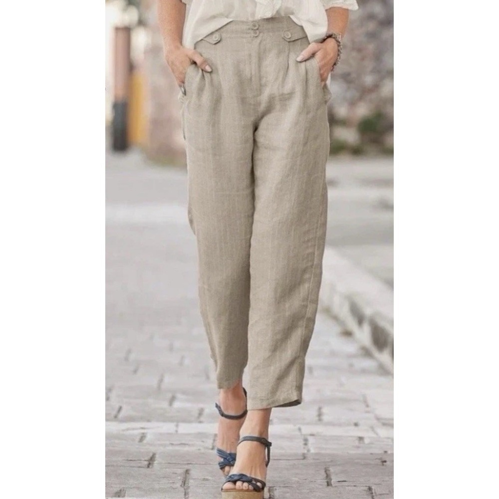 NEW Sundance Amaya Pants Linen High Waist Minimalist Flax Beige Size 12  $128